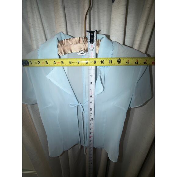Y2K Baby Blue Sheer Chiffon Tie Front Top Short Sleeve Vintage 90s 00s Fairy S M - Picture 6 of 8